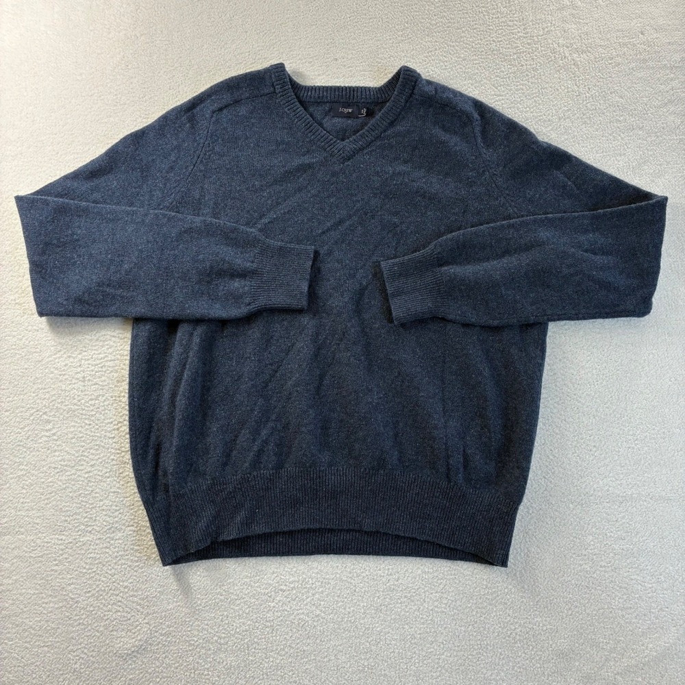 J Crew Lambswool Sweater Mens 2XL Blue Marled V Neck Knit Pullover Winter Cozy